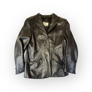 VTG SOFT Valerie‎ Stevens Black Genuine Leather Blazer Jacket Size S Button